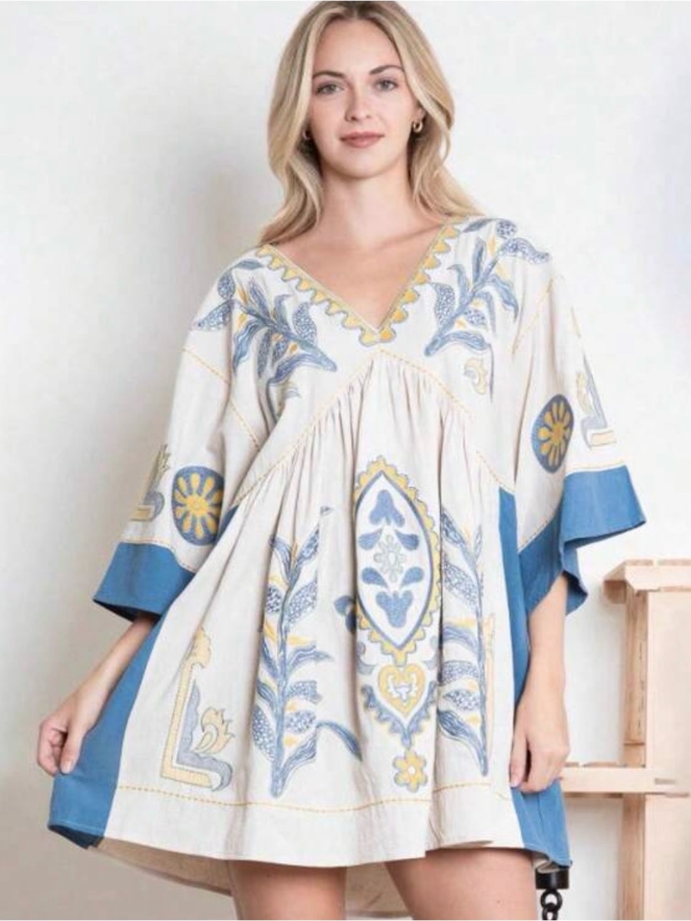 Boho Embroidered V-Neck Tunic Dress in Cream & Blue